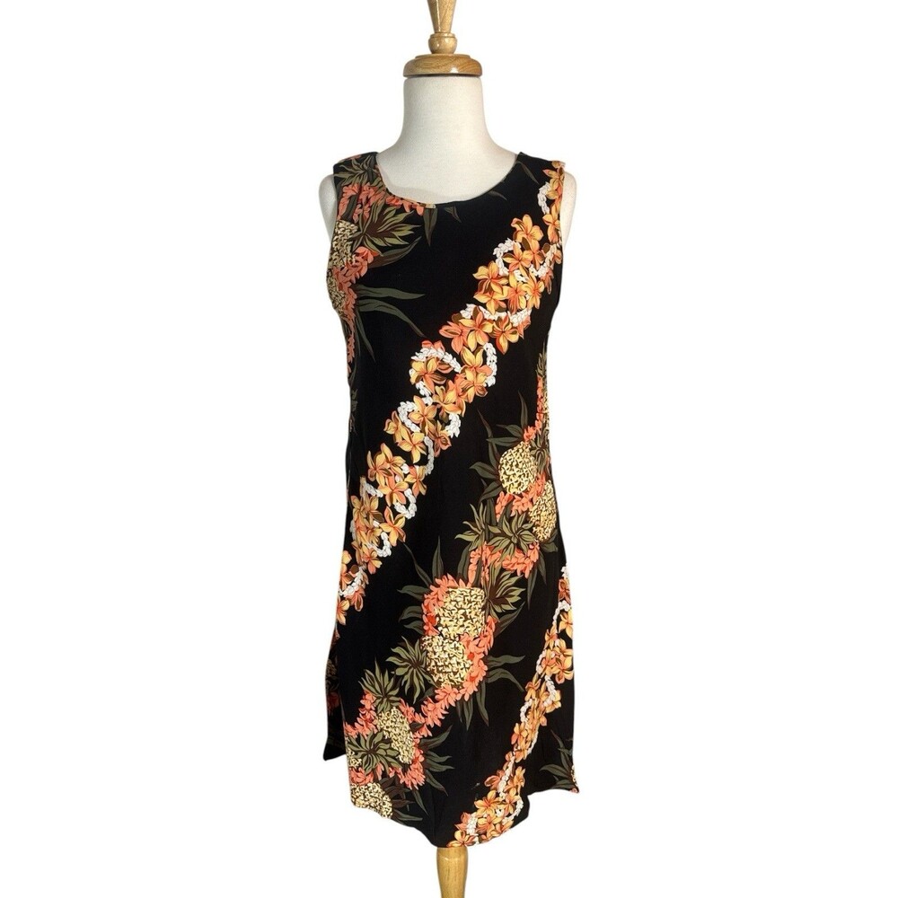 Hilo Hattie Hawaii Black Pineapple Lei Rayon Tank Dress Sz XS